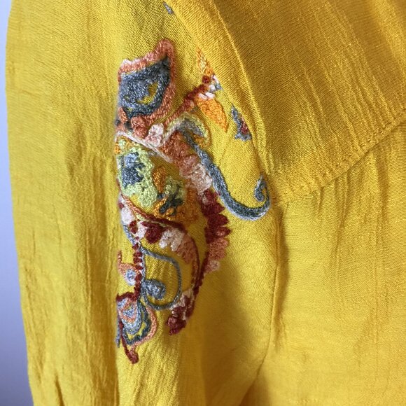 Anthropologie Fig & Flower Top Shirt XL Womans Yellow Embroidered Button Up Boho - Picture 15 of 16